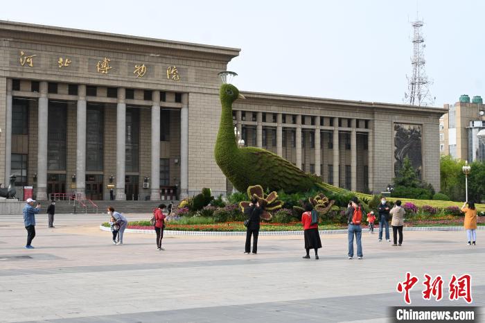 圖為游客在花壇前拍照打卡。　翟羽佳 攝