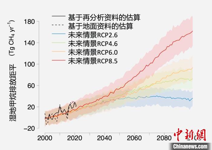 基于觀測(cè)的濕地甲烷排放變化與未來(lái)氣候變化情景下估算的對(duì)比?！≈锌圃呵嗖馗咴?供圖