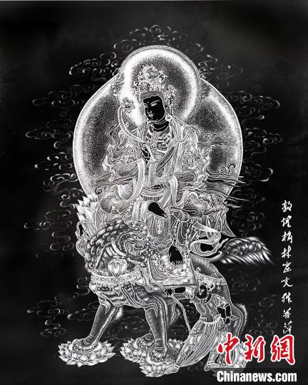 圖為朱增平創(chuàng)作的鍥金畫(huà)《敦煌榆林窟文殊菩薩》。(資料圖) 受訪者供圖