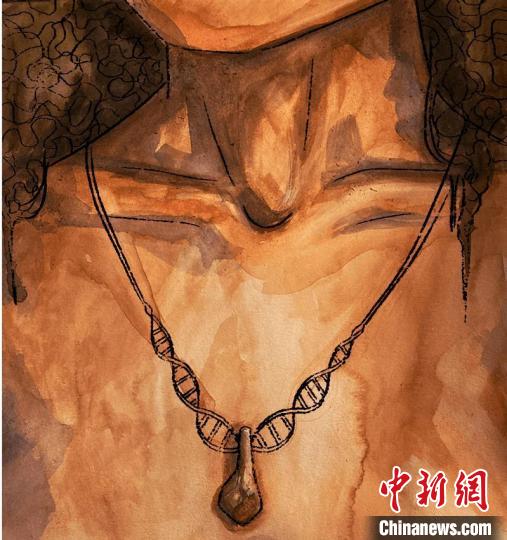 墜飾藝術(shù)再現(xiàn)圖，圖中吊墜繩為DNA螺旋樣式(圖片作者M(jìn)yrthe Lucas)?！∈┢樟指瘛ぷ匀?供圖