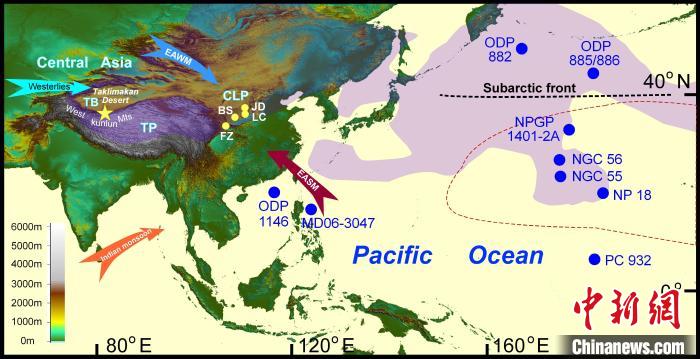 塔里木沙塵傳輸至北太平洋的路徑(陰影區(qū))及西昆侖山黃土巖芯位置(五角星)?！≈锌圃呵嗖馗咴?供圖