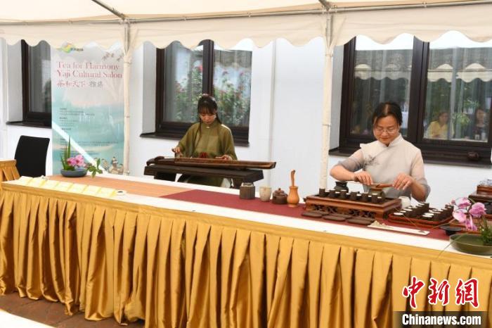 圖為余亞麗茶藝展示，王曉嬋古琴演奏 柏林中國文化中心供圖。