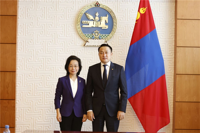 10月31日，中國(guó)駐蒙古國(guó)大使沈敏娟到任拜會(huì)蒙政府辦公廳主任兼蒙古人民黨總書(shū)記阿瑪爾巴伊斯格楞（右）。中國(guó)駐蒙古使館供圖