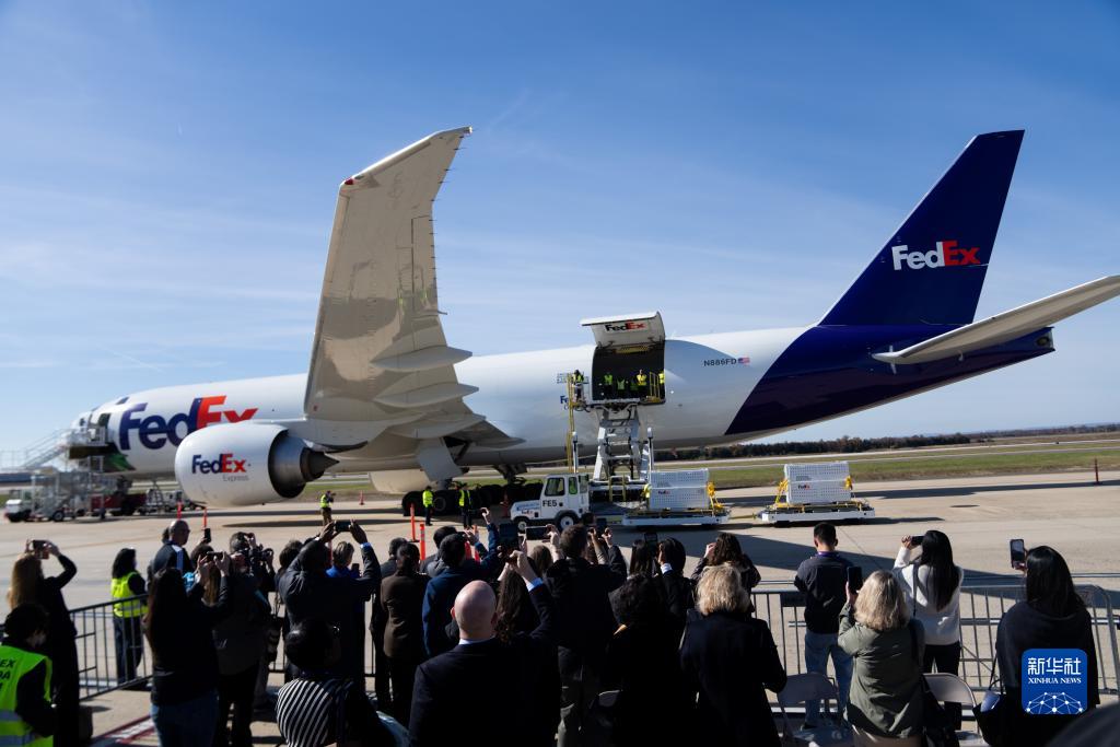 11月8日，在美國(guó)弗吉尼亞州的華盛頓杜勒斯國(guó)際機(jī)場(chǎng)，裝有大熊貓的特制“旅行包廂”準(zhǔn)備運(yùn)上專機(jī)。新華社記者劉杰攝