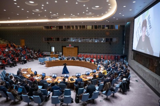 這是2023年11月20日在位于紐約的聯(lián)合國總部拍攝的安理會“共同發(fā)展促進(jìn)持久和平”公開辯論會現(xiàn)場。中國作為輪值主席，倡議聯(lián)合國安理會20日舉行主題為“共同發(fā)展促進(jìn)持久和平”的公開辯論會。新華社發(fā)（聯(lián)合國供圖/埃斯金德·德貝卜攝）