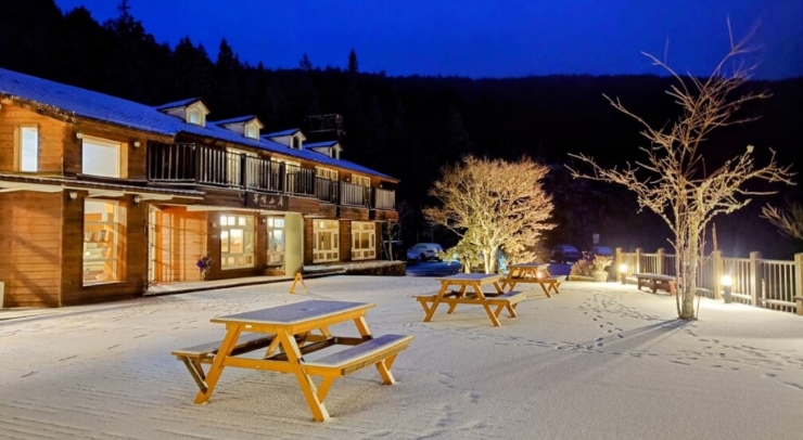 位在宜蘭縣內的太平山森林游樂區(qū)23日凌晨開始下雪，園區(qū)翠峰山屋前一片雪白。圖片來源：臺灣“中央社”。