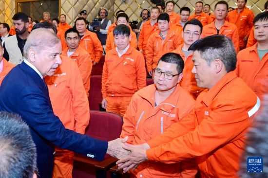 4月1日，在巴基斯坦西北部開伯爾-普什圖省達(dá)蘇，巴基斯坦總理夏巴茲（左）同達(dá)蘇水電站項(xiàng)目中方員工握手。新華社發(fā)（巴基斯坦新聞與廣播部下轄媒體信息部門供圖）