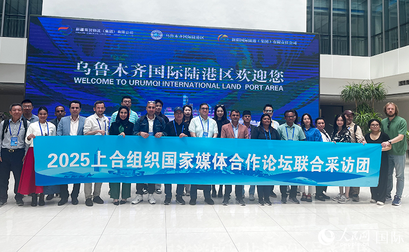 5月26日，外國媒體人在烏魯木齊國際陸港區(qū)合影留念。 人民網(wǎng)記者 翟轉(zhuǎn)麗攝