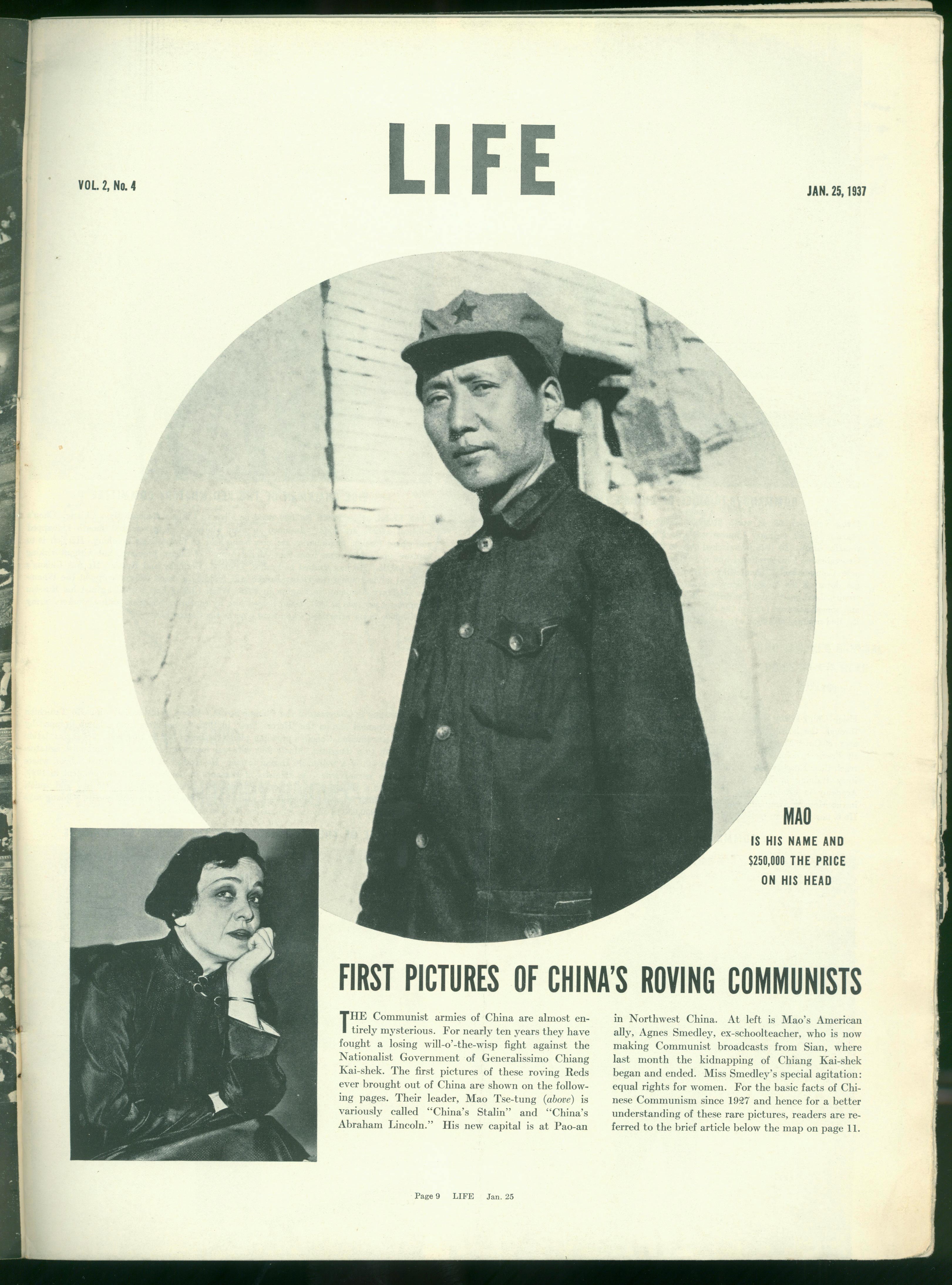 1937年1月25日，美國《生活》周刊刊登毛澤東照片，照片右下方寫著一行字：“毛，這是他的名字，他的人頭價值25萬元。”