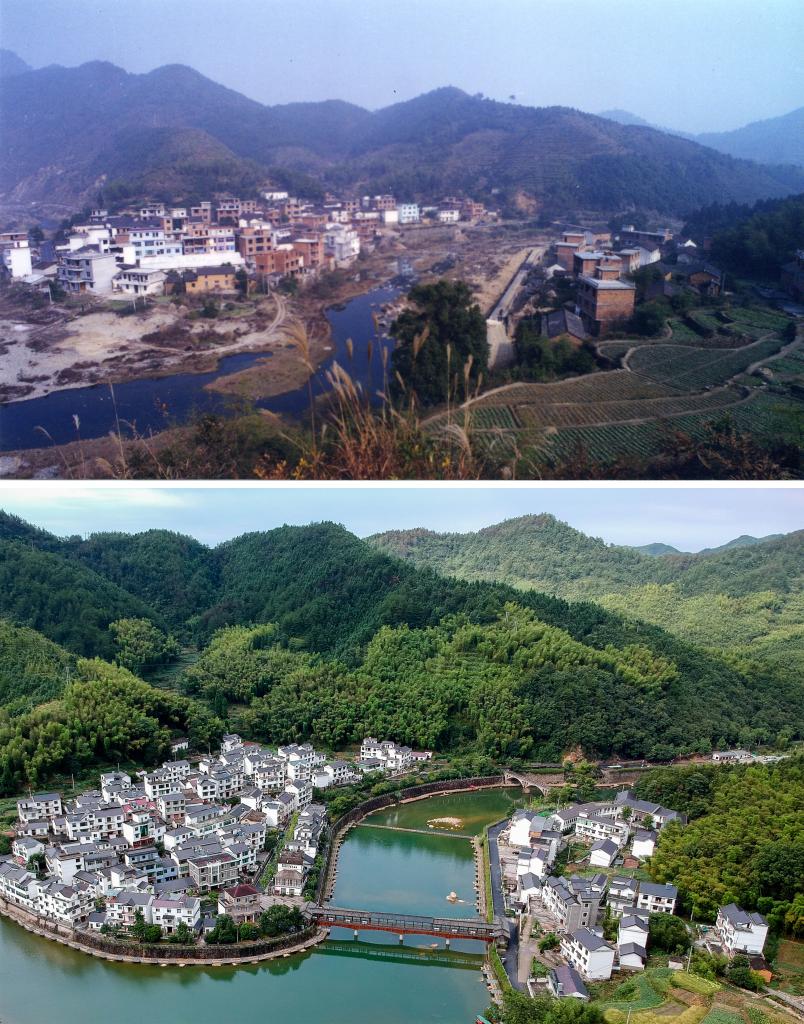 圖為浙江省杭州市淳安縣楓樹嶺鎮(zhèn)下姜村拼版圖，其中上圖為資料照片、下圖由新華社記者張鋮攝。