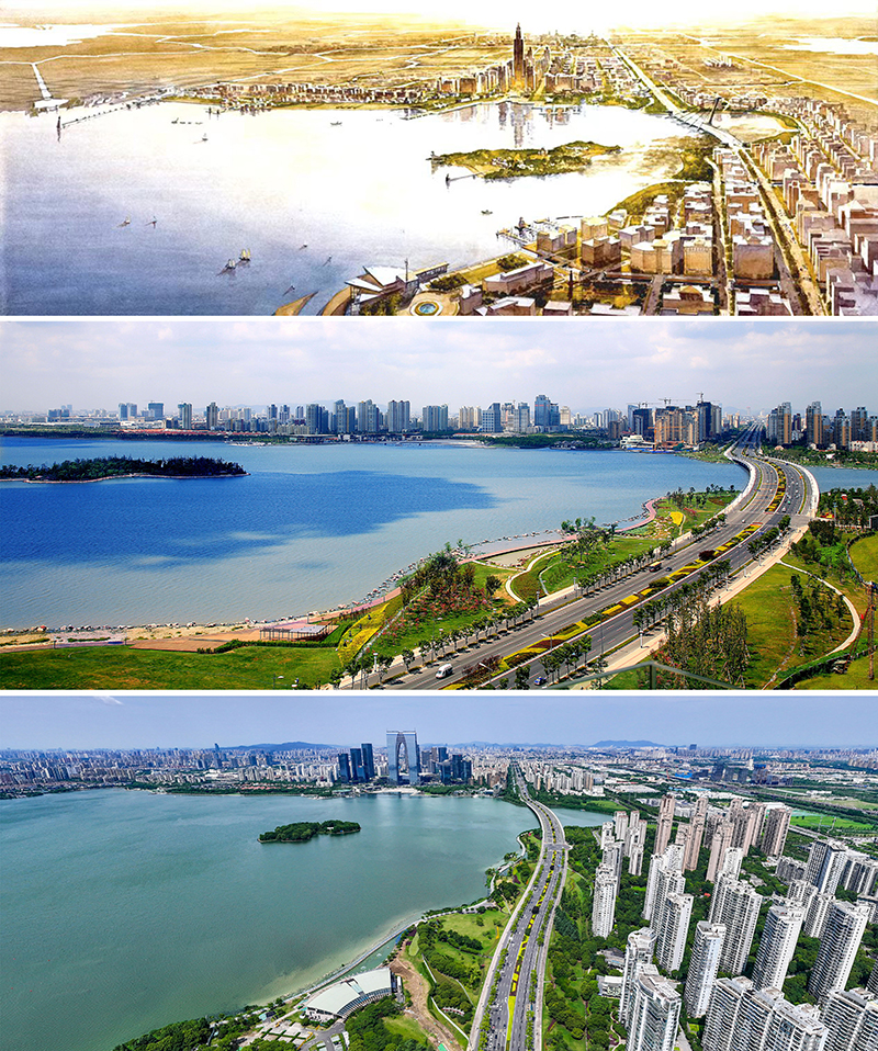 拼版照片：上圖為1994年繪制的蘇州工業(yè)園區(qū)手繪規(guī)劃圖；中圖為2007年拍攝的蘇州工業(yè)園區(qū)；下圖為2023年7月4日用無(wú)人機(jī)拍攝的蘇州工業(yè)園區(qū)。