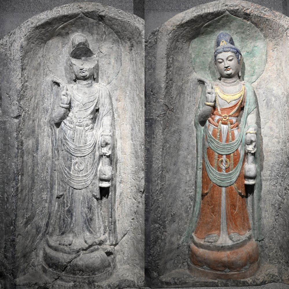 左圖為龍門石窟萬佛洞窟前南壁菩薩造像的3D打印模型；右圖為利用數(shù)字化技術(shù)復(fù)原后的3D打印模型（2025年4月10日攝，拼版照片）。復(fù)原后的像龕精妙絕倫，栩栩如生，被游客譽為“龍門最美菩薩”。圖片來源新華社
