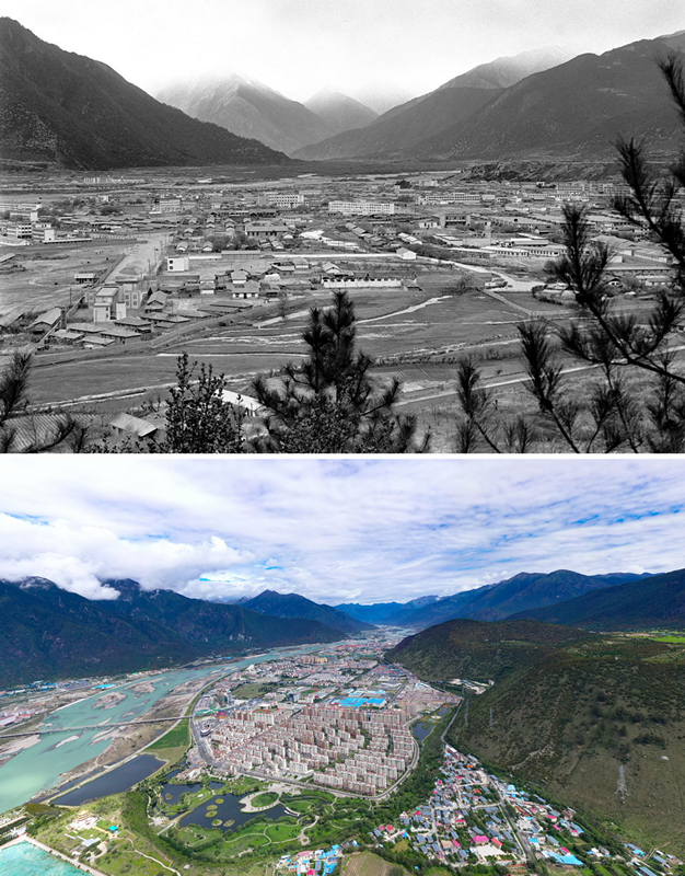拼版照片：上圖是20世紀(jì)90年代的西藏林芝八一鎮(zhèn)；下圖是2021年7月20日拍攝的西藏林芝八一鎮(zhèn)風(fēng)貌。