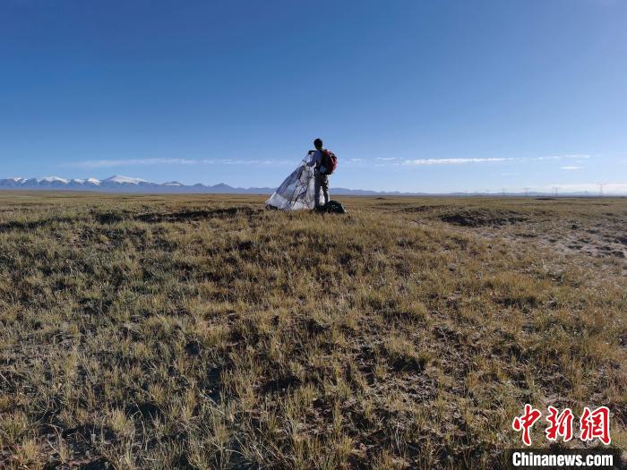 圖為索南達(dá)杰保護(hù)站保護(hù)隊(duì)員在可可西里找到露營的葉某?！∴嚭Ｆ?攝