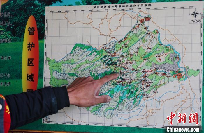 圖為桑杰加介紹管護(hù)區(qū)域分布?！●R銘言 攝