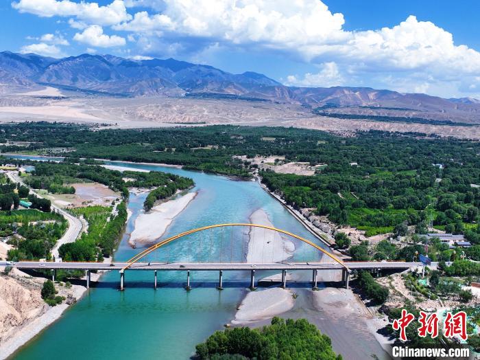 航拍貴德縣黃河岸畔綠意盎然。　馬銘言 攝