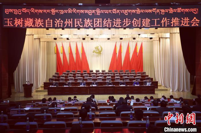 圖為玉樹州民族團結(jié)進步創(chuàng)建工作推進會現(xiàn)場?！『F龍 攝