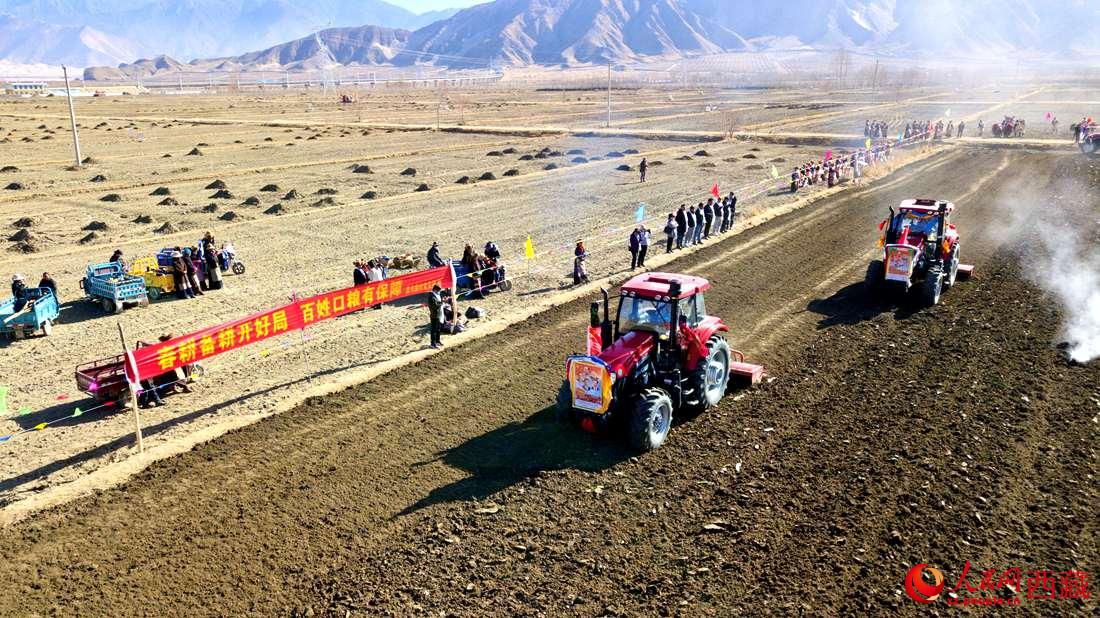 山南市扎囊縣扎其鄉(xiāng)孟卡榮村迎來(lái)春耕第一犁。人民網(wǎng) 次仁羅布攝