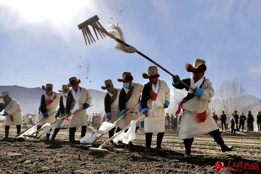 當(dāng)?shù)卮迕裆碇?jié)日盛裝，舉行春耕儀式。人民網(wǎng) 次仁羅布攝