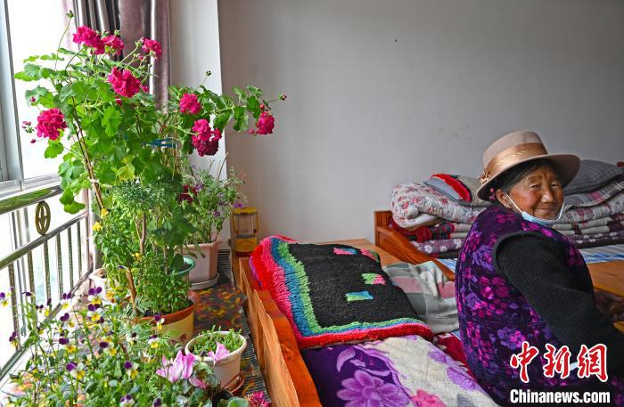 圖為曲松縣特困人員集中供養(yǎng)中心老人德吉卓嘎與她的花?！≮w朗 攝